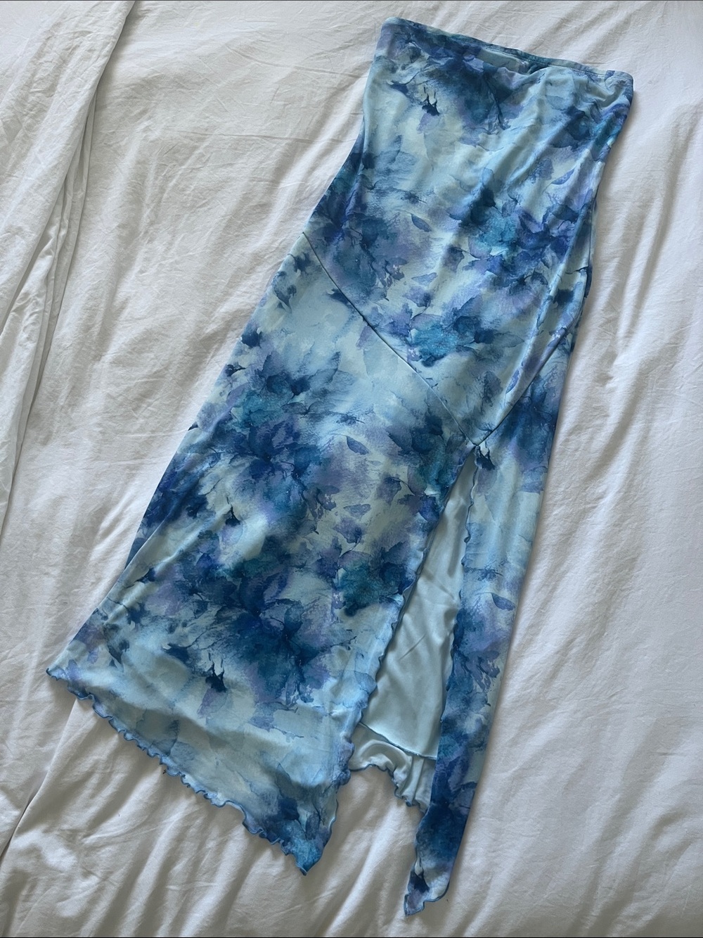 Blue Floral Mesh Midi Tube Dress (Size Large - Fits Smaller)